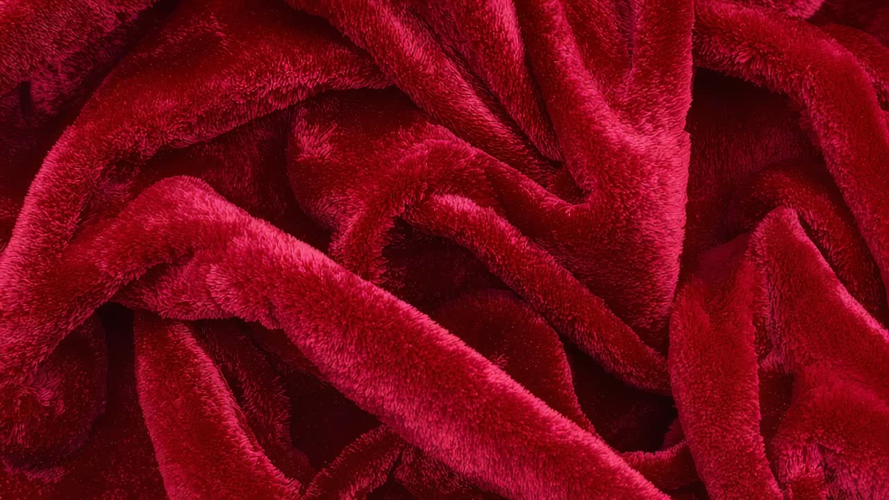 Frame sequence starting, red plush blanket shifting on bed showing V-fold forming from fiber shift