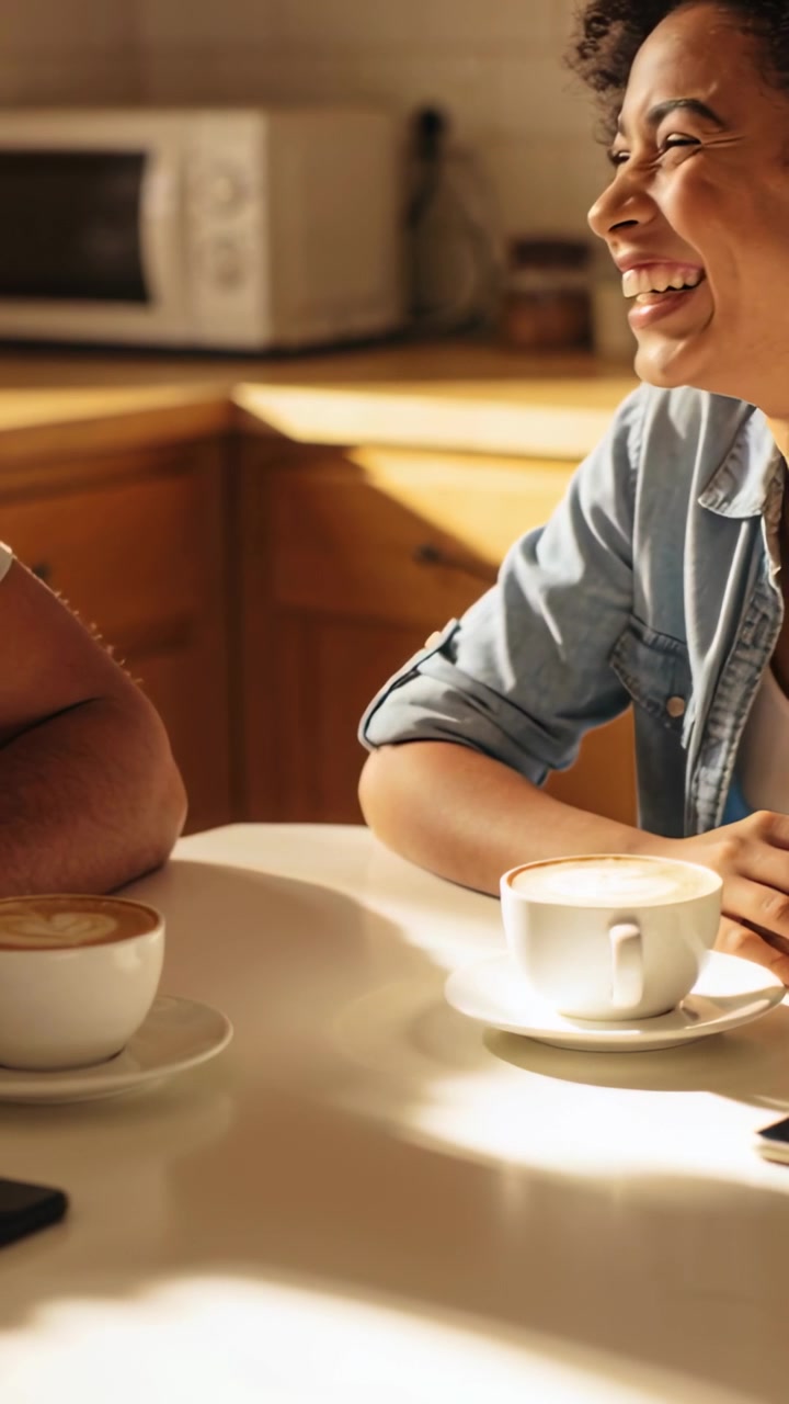 Video vertical: Mujer sonriente y risueña, vestida de mezclilla, girándose hacia un hombre en la cocina por su broma, con café.
