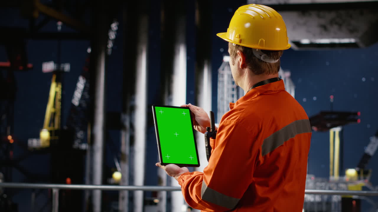 Vertical green screen with staff overseeing oil drilling operations on platform