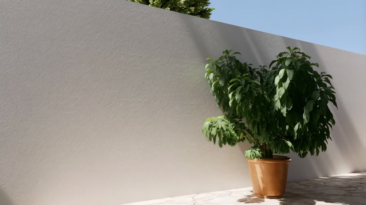 Potted Plant Against a Textured White Wall with Sunlight and Shadows