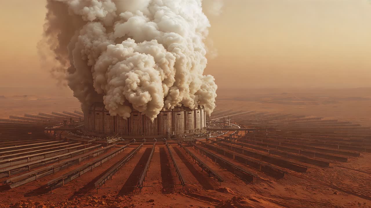 Elaborazione di rampe, rilascio di anelli circolari di densi pennacchi di vapore pallido su dune rosse, trincee radiali
