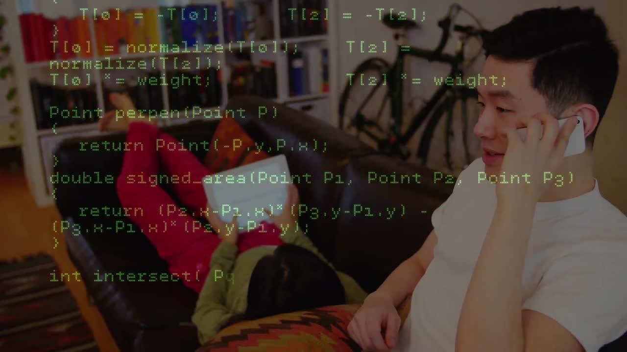 animación del procesamiento de datos sobre hombres biraciales que usan teléfonos inteligentes