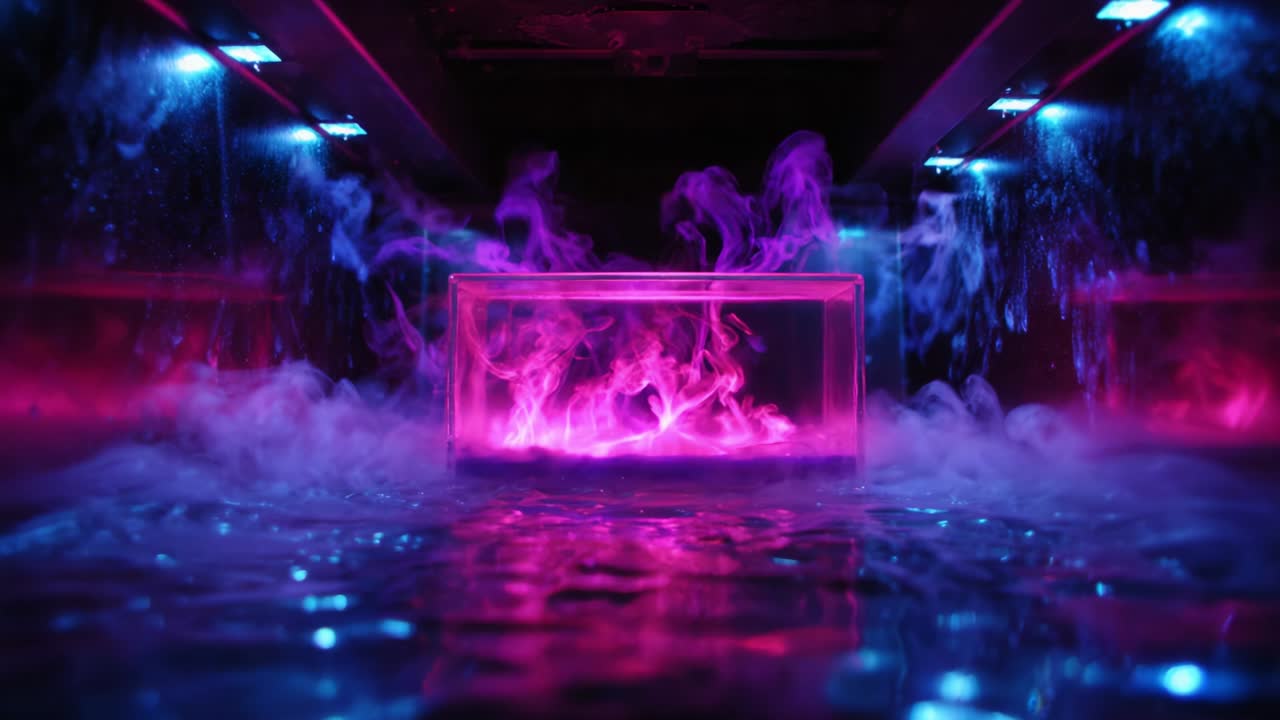A mesmerizing display of vibrant purple and pink smoke swirling around a luminous cube creates an ethereal atmosphere in this captivating scene, highlighting the interplay of color and light in a mystical setting