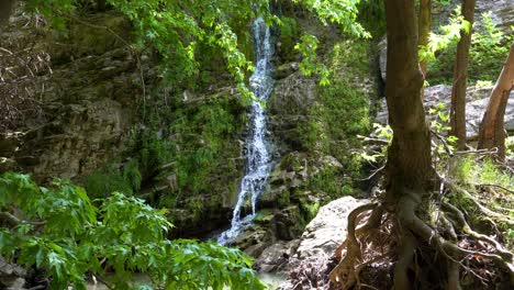 cascada de maries, rodeada de exuberante vegetación verde y rocas cubiertas de musgo, rayos de sol, árboles, isla de thassos, grecia