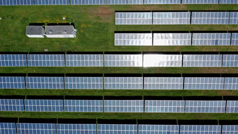 Rows-of-solar-panels-on-green-grass-seen-from-above