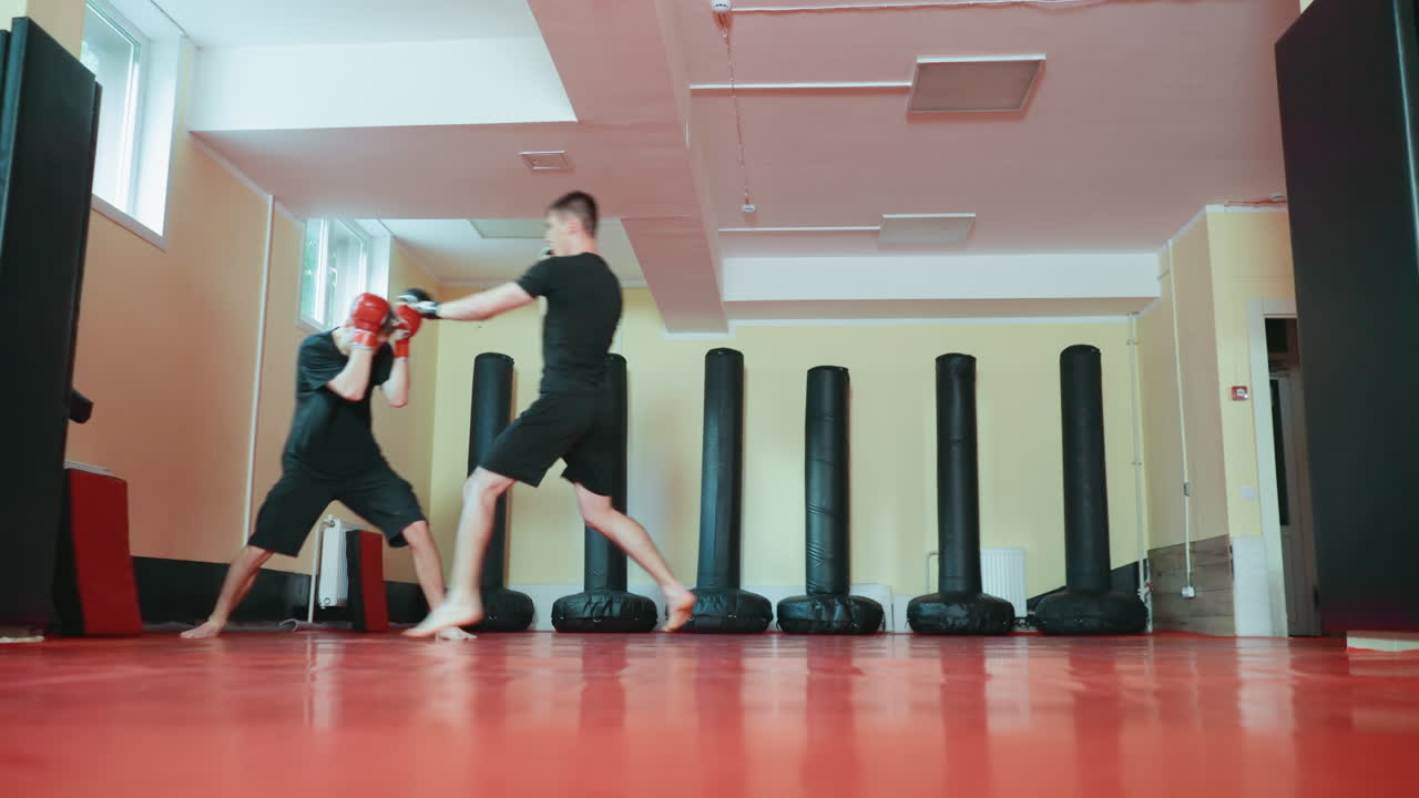 Practicantes de karate combatiendo en un gimnasio de artes marciales: uno levanta la pierna para dar una patada frontal mientras el otro mantiene una postura de guardia sobre el suelo de tatami rojo, con sacos de boxeo alineados contra la pared bajo la luz del día.