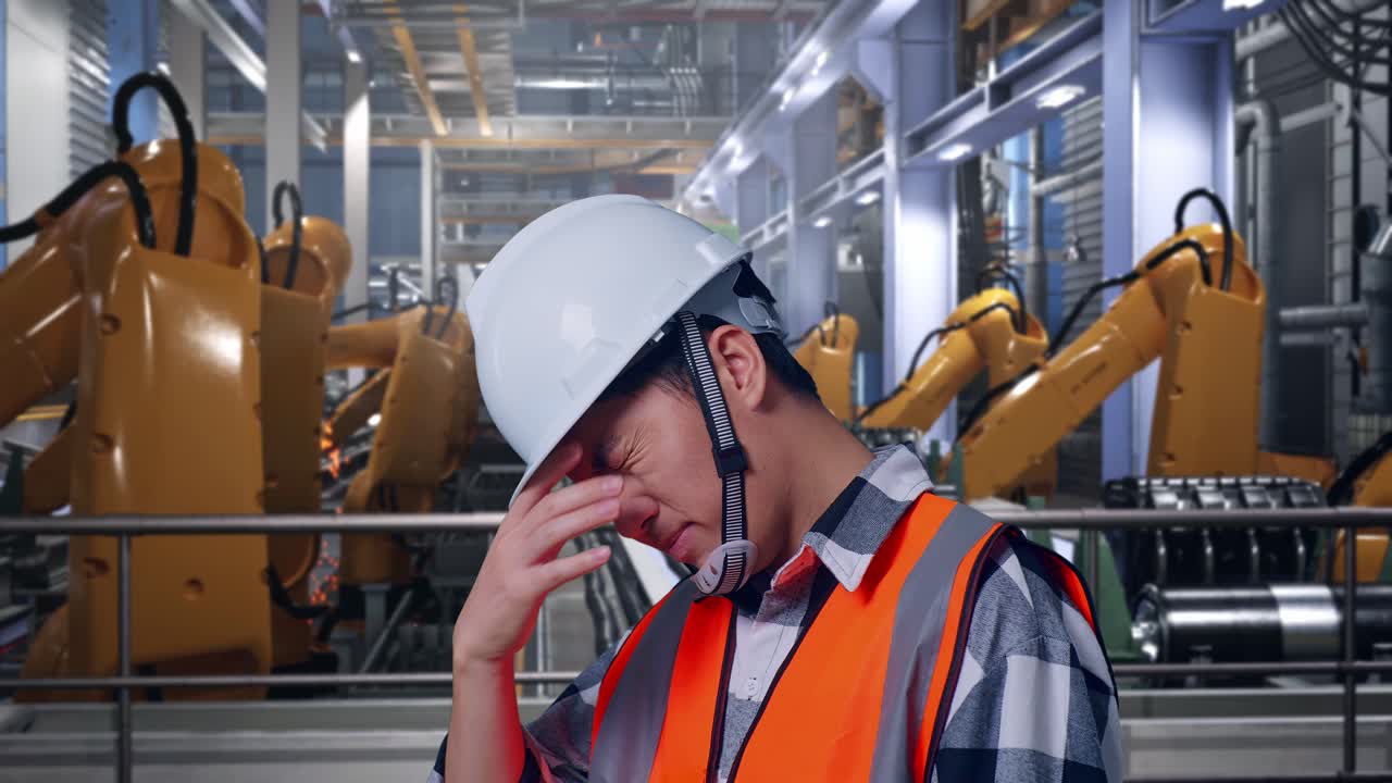 Close Up Side View Of Asian Male Engineer With Safety Helmet Having A Headache While Working With Industrial Robotic Arms Working