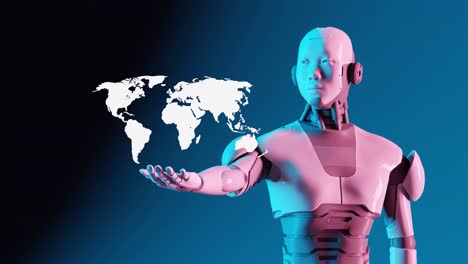 Robot-Humanoide-Cibernético-Sosteniendo-Un-Mapa-De-Los-Estados-Unidos-De-América-En-Sus-Manos-Empujando-Problemas-Políticos,-Inteligencia-Artificial-En-La-Política