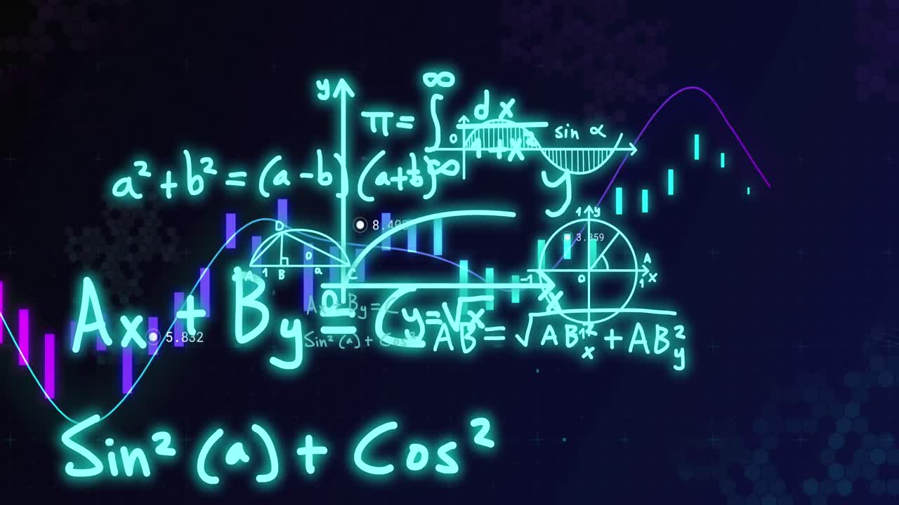 animación de ecuaciones matemáticas sobre el procesamiento de datos en fondo azul