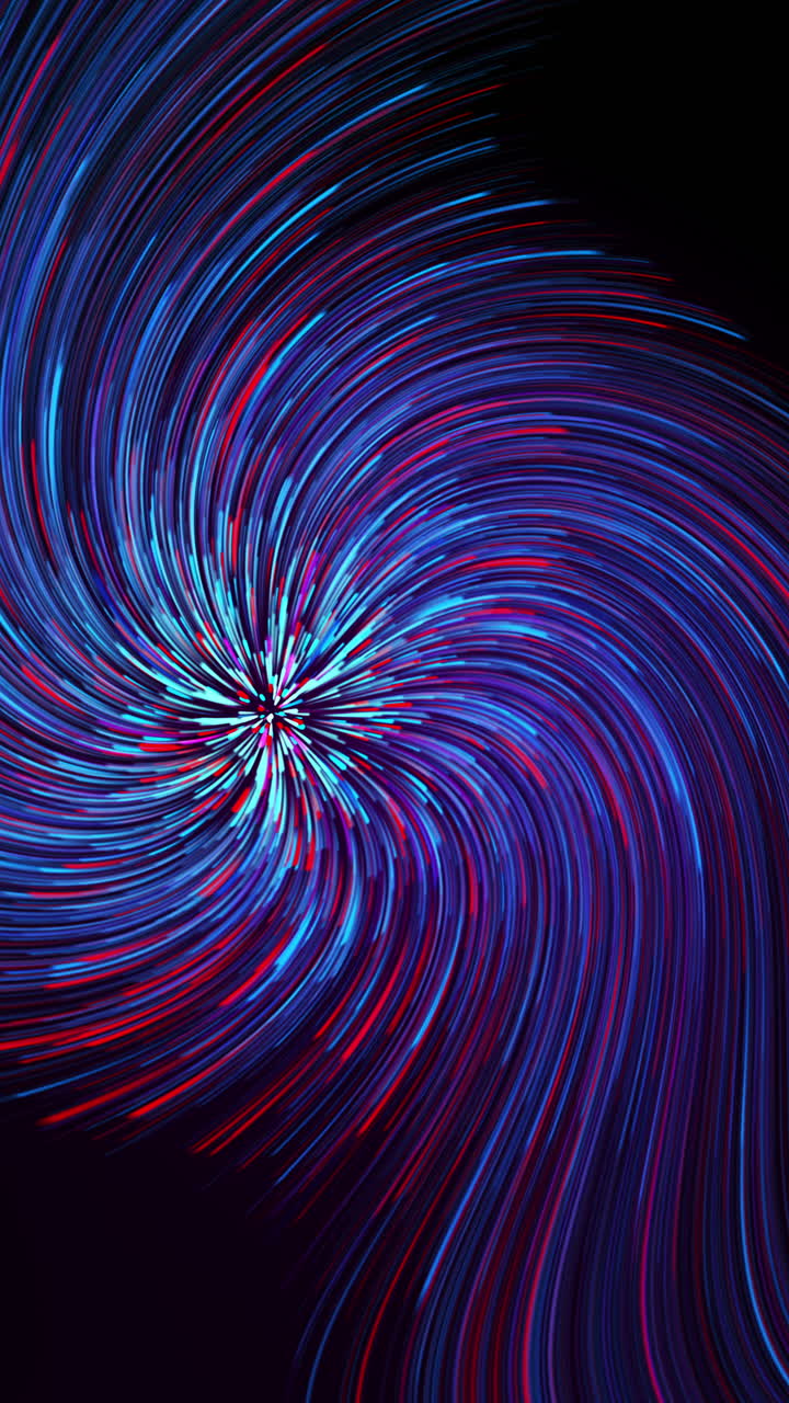 Blue abstract circular radial tunnel lines background. A fast whirlwind of small red glowing particles. Looped animation. Vertical video.