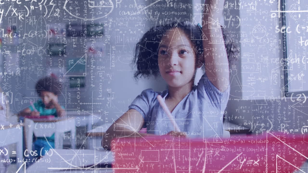 In school, child raising hand with animation of mathematical formulas in classroom
