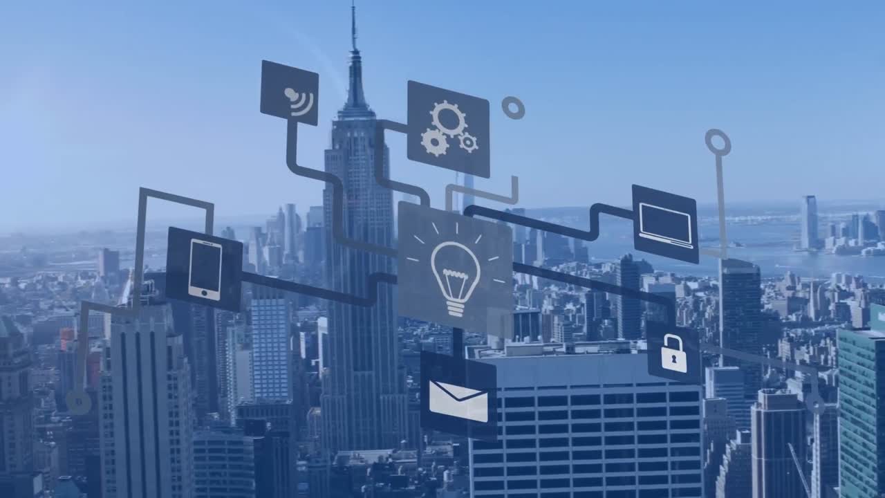 도시 풍경 위의 기술 아이콘의 애니메이션