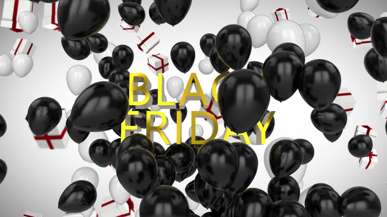 animación del texto de black friday sobre globos y presente sobre fondo blanco
