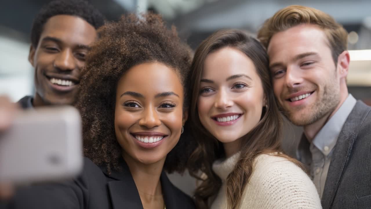 Um grupo de quatro amigos tirando alegremente uma selfie animada juntos em um ambiente interno moderno, irradiando felicidade e conexão enquanto aproveitam o tempo juntos e criam memórias