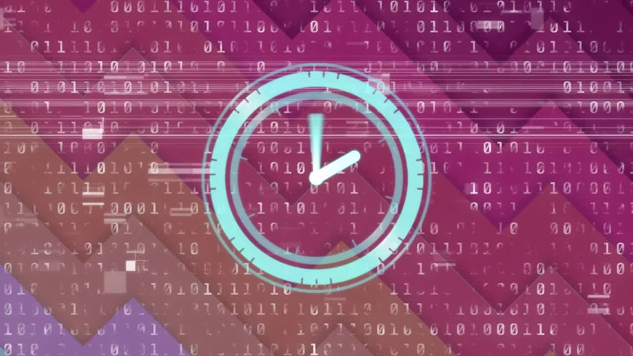 animación del reloj moviéndose rápidamente sobre la codificación binaria en segundo plano