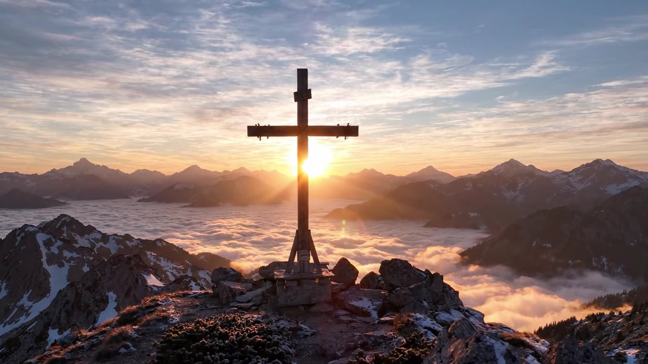 En rolig fjellsolnedgang: Et majestetisk kors silhuettert mot levende himmel og frodige daler innhyllet i mystiske skyer.