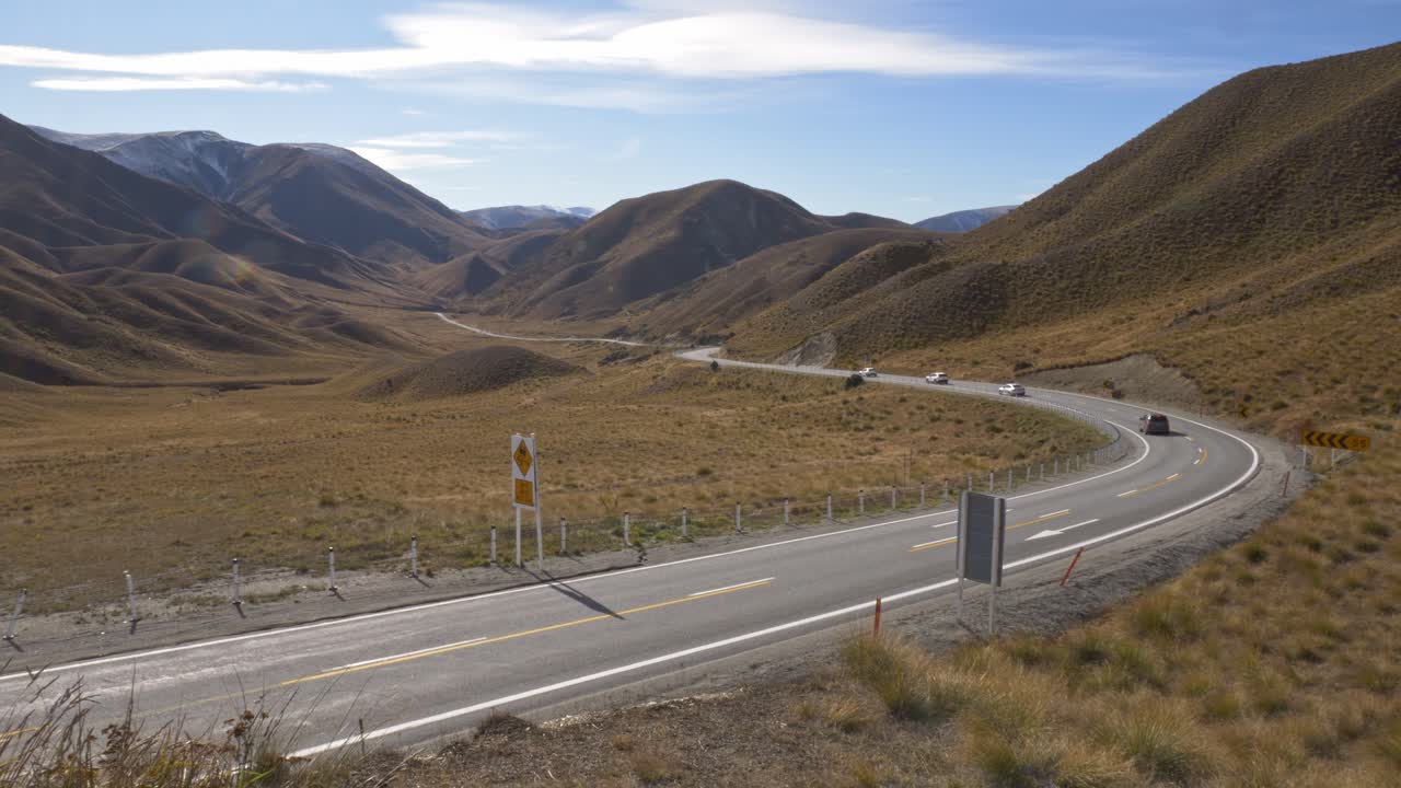 Road In Lindis Pass In Otago Region, New Zealand - Wide Shot