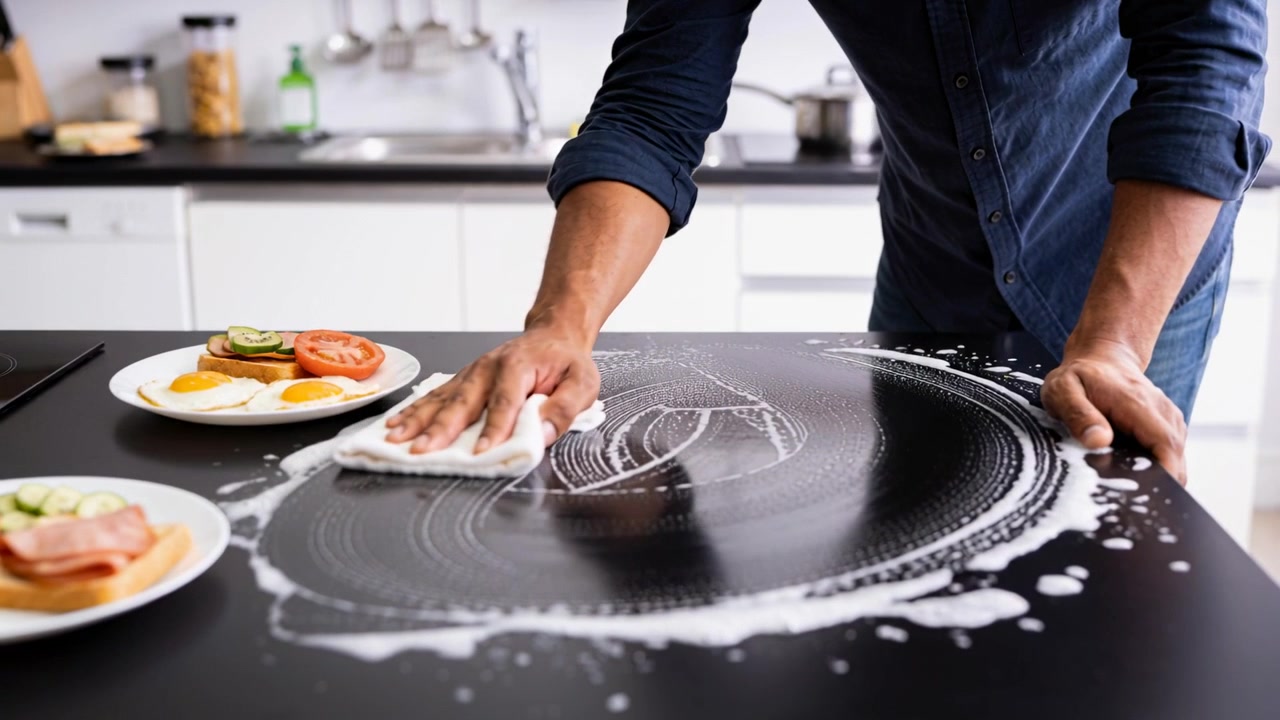 Dipping cloth into suds, man in blue shirt scrubbing black countertop after meal by two plates