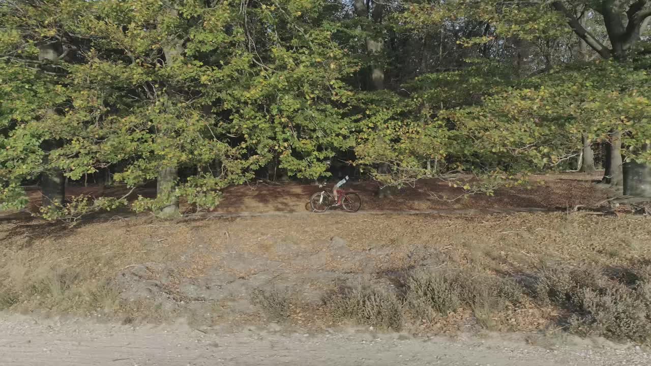 disparo de un dron desde el costado de un ciclista de montaña cabalgando por un bosque