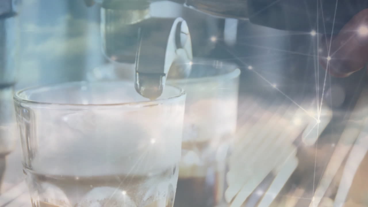 Espresso stream flowing into icy glass under portafilter, showing flat design 3D render