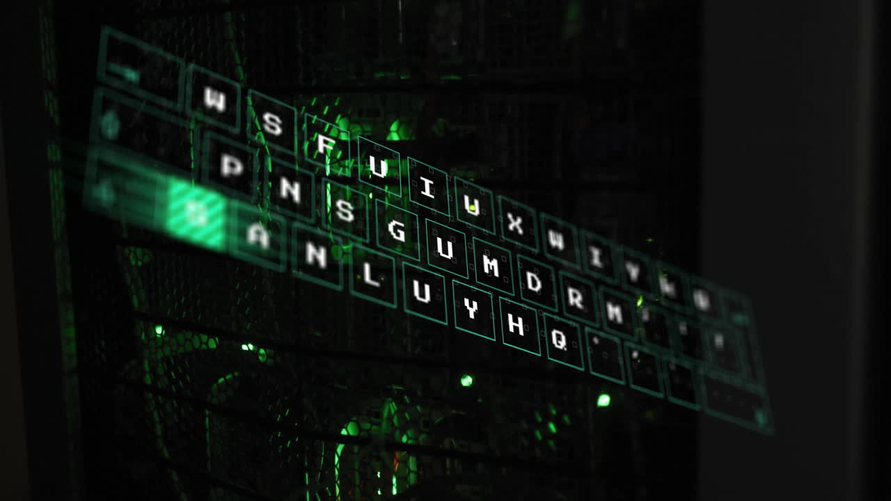 Animation of green digital letters forming abstract pattern on dark background