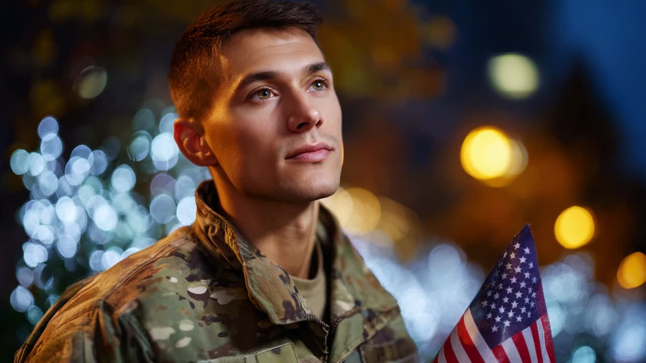 A Young Soldier Holding a Flag Reflects Under Night Lights, Emphasizing Courage and Duty While Gazing Hopefully Towards the Future Amidst a Beautifully Lit Background of Bokeh Effects