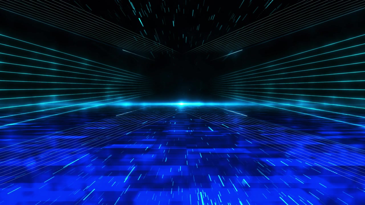 Cyber blue grid tunnel visual with bright horizontal lines glowing tiled floor and deep vanishing