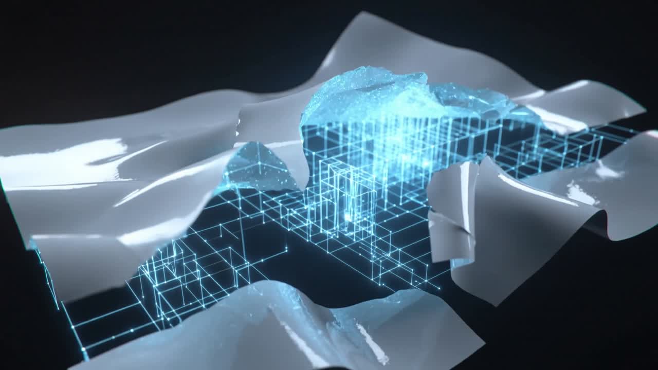 Opening narrow tear, glossy white membrane peeling back, revealing cyan lattice on black void