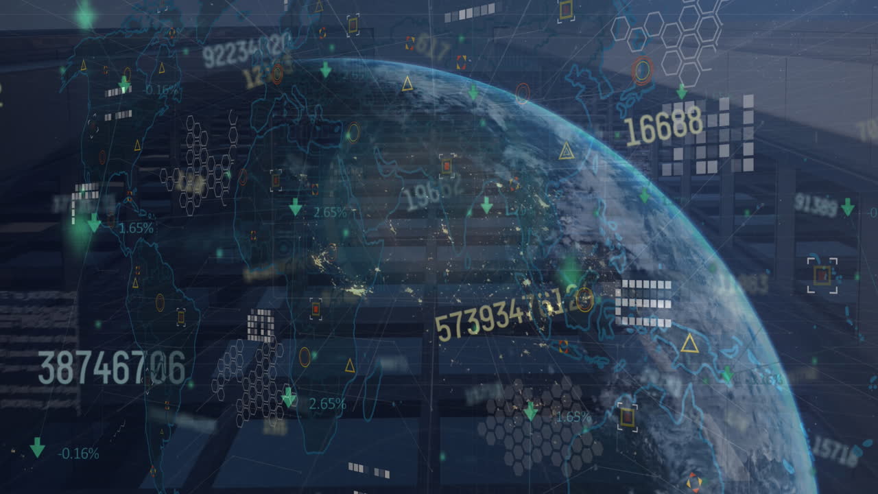 도시 풍경 위의 지구와 세계 지도를 사용하여 금융 데이터 처리의 애니메이션