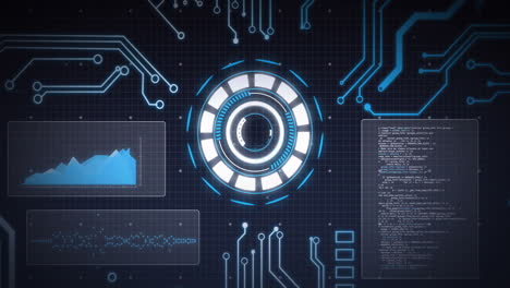 animation of scope scanning and data processing on screens over grid on blue background