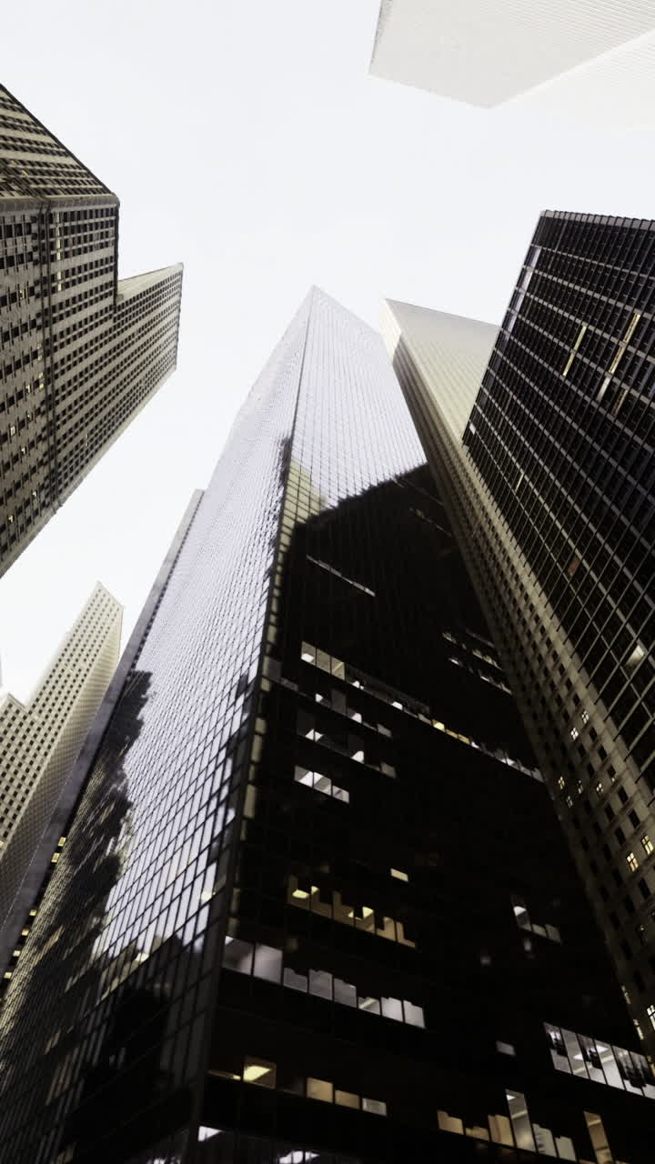 Skyward view of towering skyscrapers in an urban environment