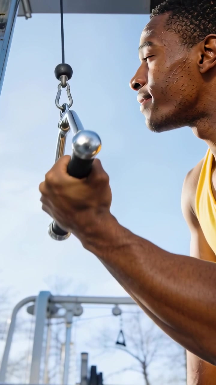 Video verticale: Uomo che fa curl ai cavi, tonificando in canotta gialla in palestra con puleggia, con spazio per il testo.