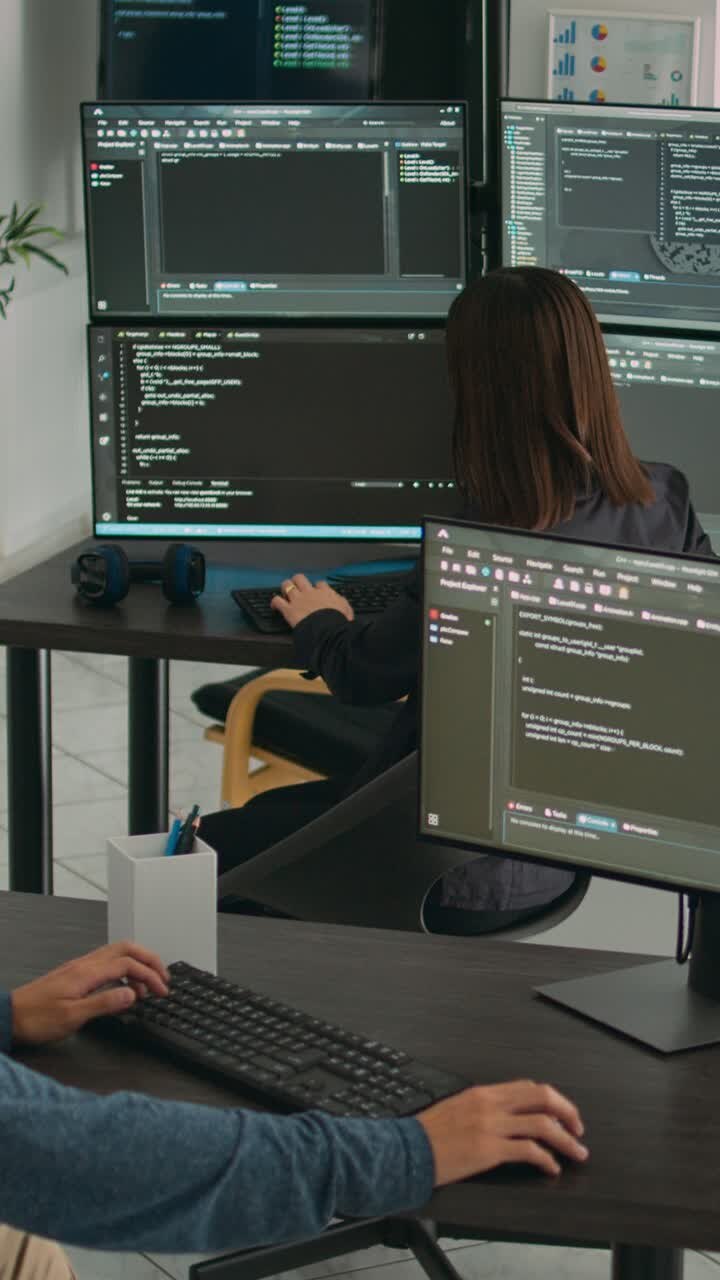 Vertical video: Diverse team of database developers analyzing code on terminal window