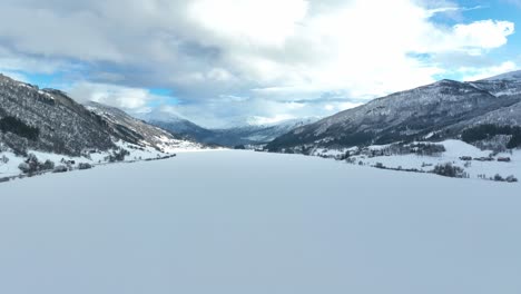 Massive-Oppheimsvatnet-lake-during-winter,-Aerial-Voss-Norway