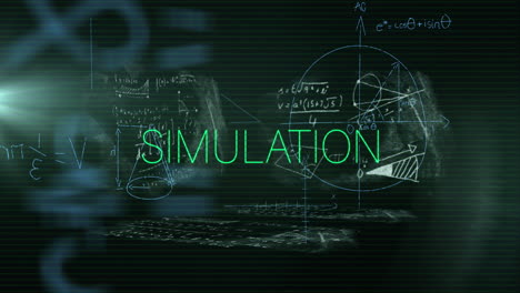 animation of simulation text in green over mathematical equations and formulae on black background