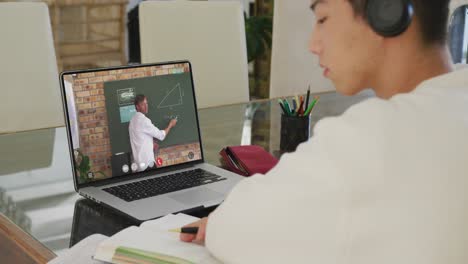 Animation-of-asian-boy-in-headphones-having-online-lessons-on-laptop-at-home