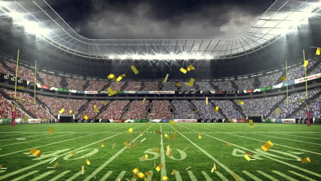 Animation-of-golden-confetti-falling-against-view-of-rugby-sports-stadium