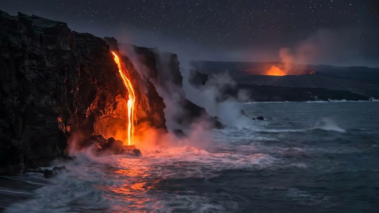 Lava Flowing into the Ocean at Night