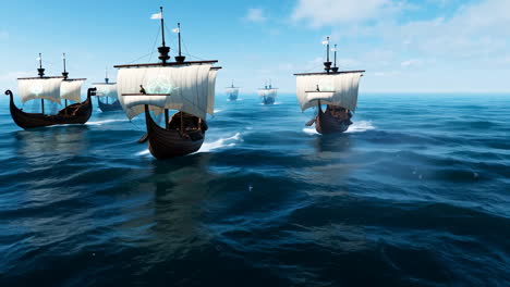 a fleet of ancient-style sailing ships navigating the open ocean