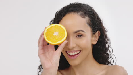 woman, beauty and orange fruit portrait