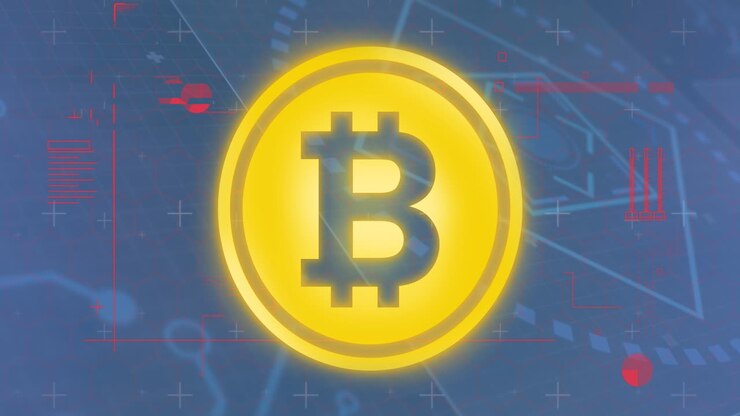 Animazione del simbolo Bitcoin ed elaborazione dati su sfondo blu.