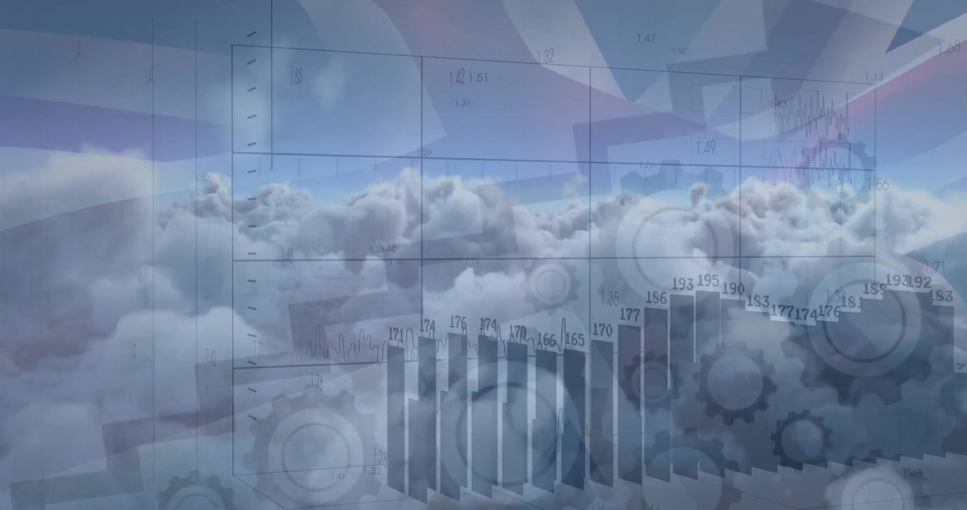 Animation av finansiella grafer och pilar över moln och Storbritanniens flagga.