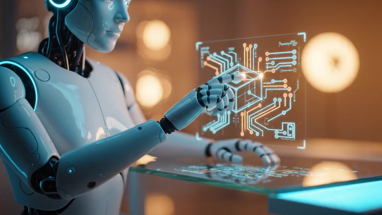 Futuristic Robot Interacting with Holographic Technology in a Modern Environment, Showcasing Advanced AI Capabilities and Digital Interfaces for Innovation