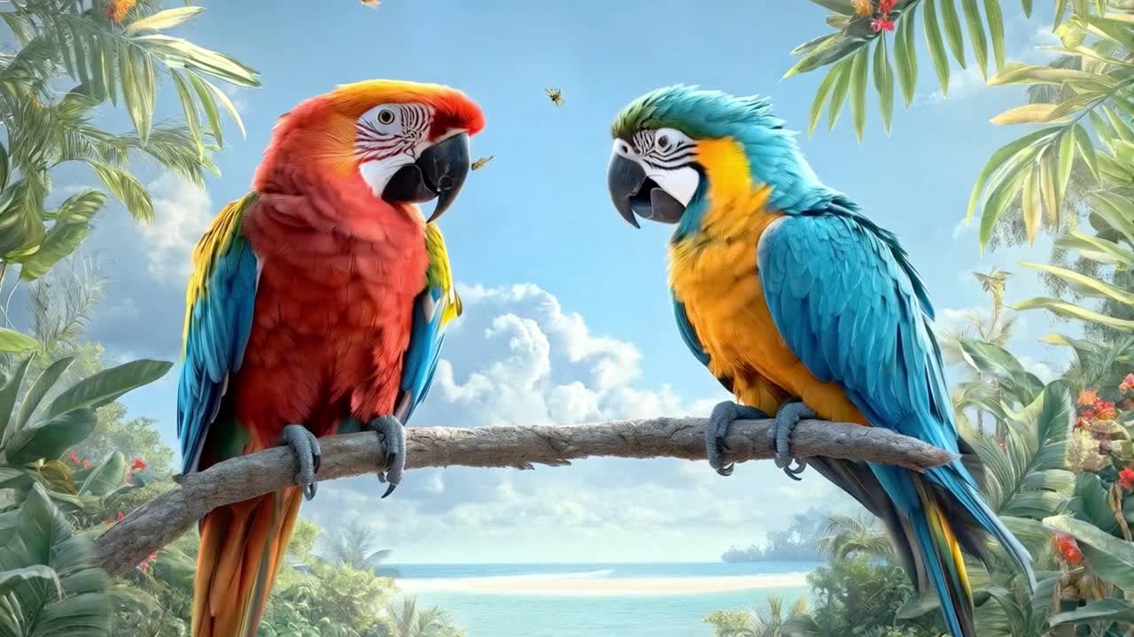 Two Colorful Macaws on a Branch in a Tropical Beach Setting
