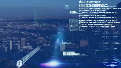 animation of data processing and light spot against aerial view of cityscape