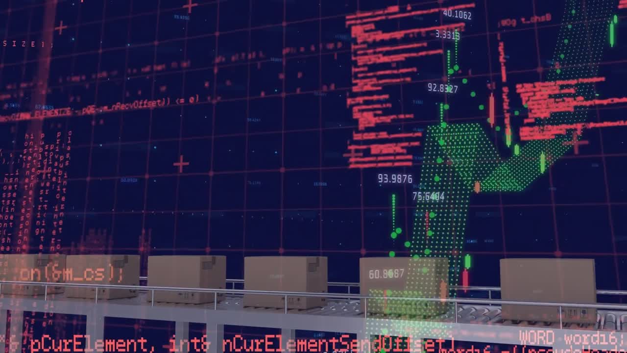 배경의 그래프에 대한 컨베이어 벨트의 상자에 대한 컴퓨터 언어의 애니메이션