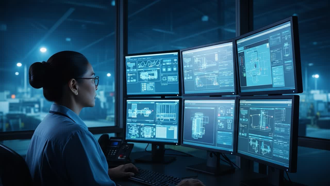 Focused Operator Analyzing Complex Data on Multiple Screen Displays in a Dimly Lit Control Room, Highlighting Advanced Technology and Professionalism in the Workplace