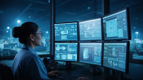 focused operator analyzing complex data on multiple screen displays in a dimly lit control room, highlighting advanced technology and professionalism in the workplace