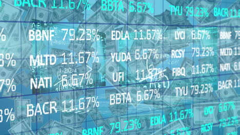 procesamiento de datos del mercado de valores y ecuaciones matemáticas contra las facturas de dólares estadounidenses que caen