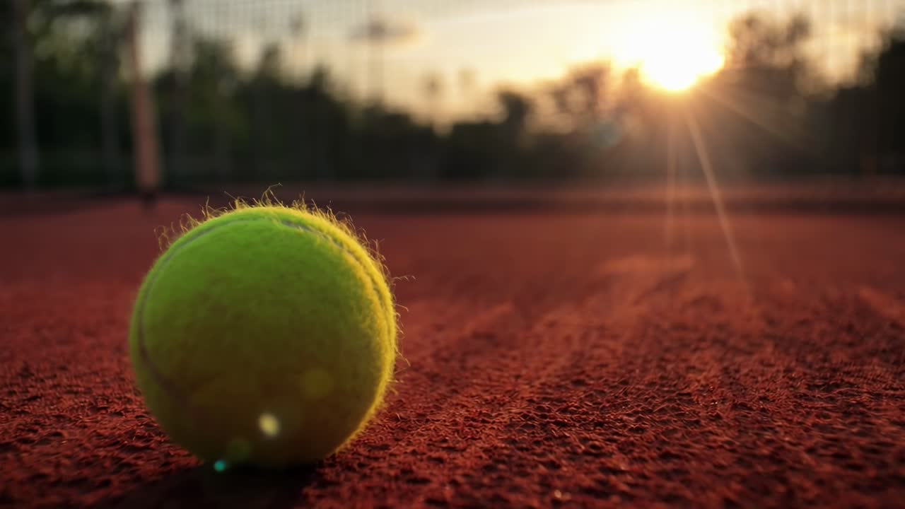 Tennis Ball on Clay Court at Sunset with Lens Flare
